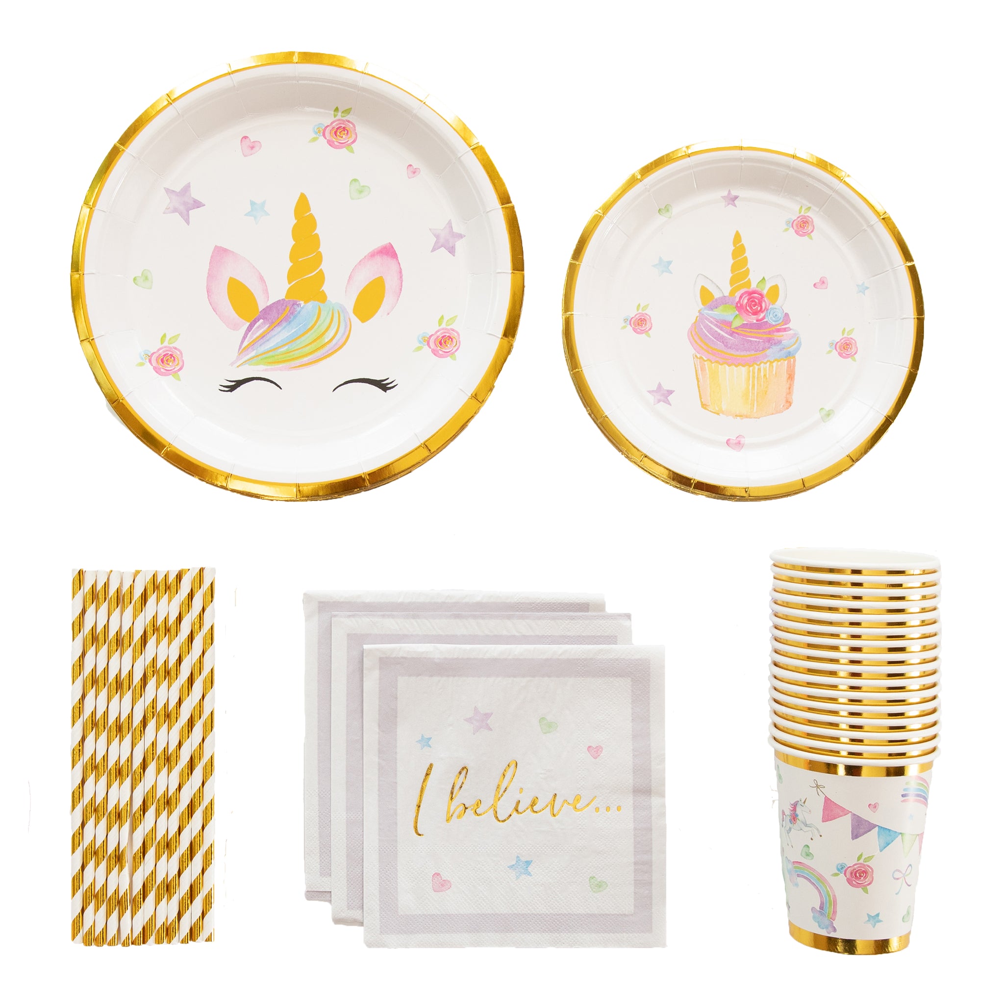 Unicorn Party Supplies Set | Stunning Real Gold Foil | Serves 16