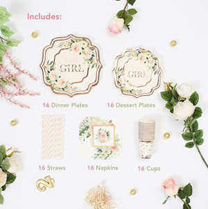 Floral Baby Shower Supplies Set | Stunning Real Gold Foil | Serves 16