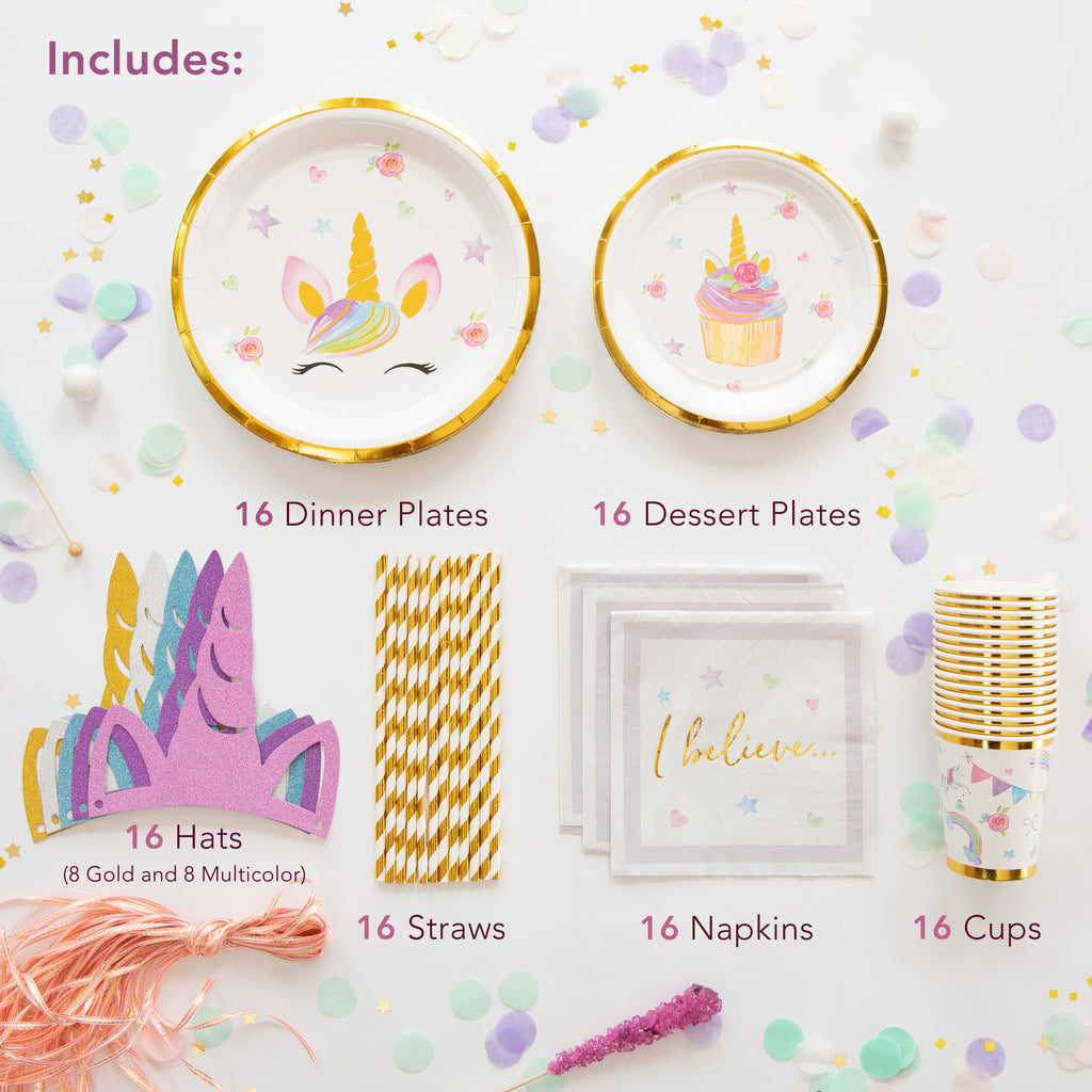 Unicorn Party Supplies Set | Stunning Real Gold Foil | Serves 16